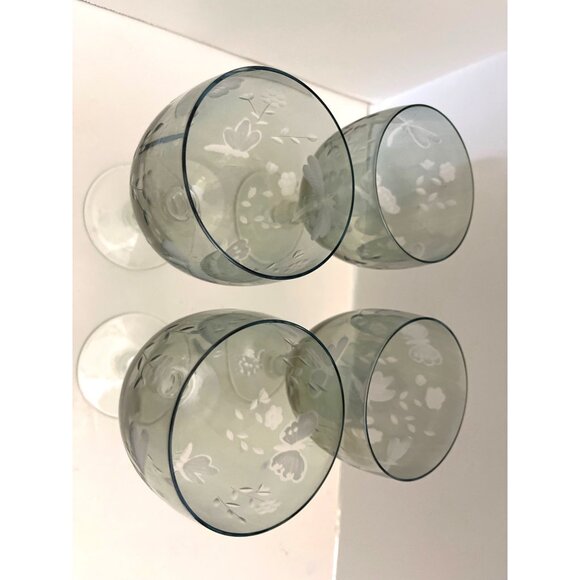 Iridescent Blue Green Wine Glasses Etched Butterfly & Flowers Set of 4 Vintage - Picture 6 of 8